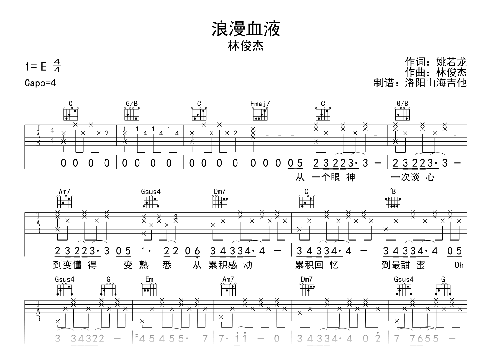 林俊杰《浪漫血液》吉他谱-C调-吉他帮