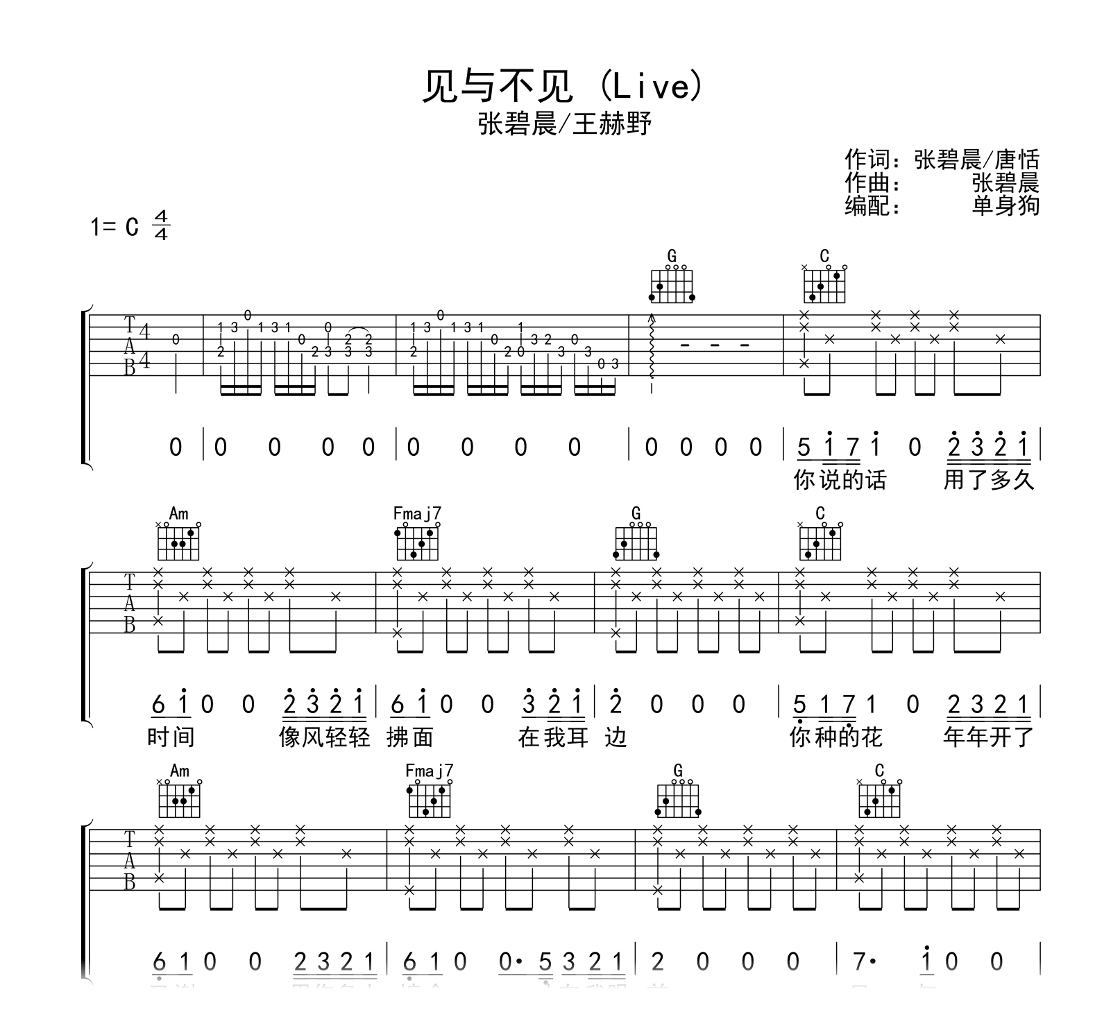 见与不见吉他谱-张碧晨/王赫野-吉他帮