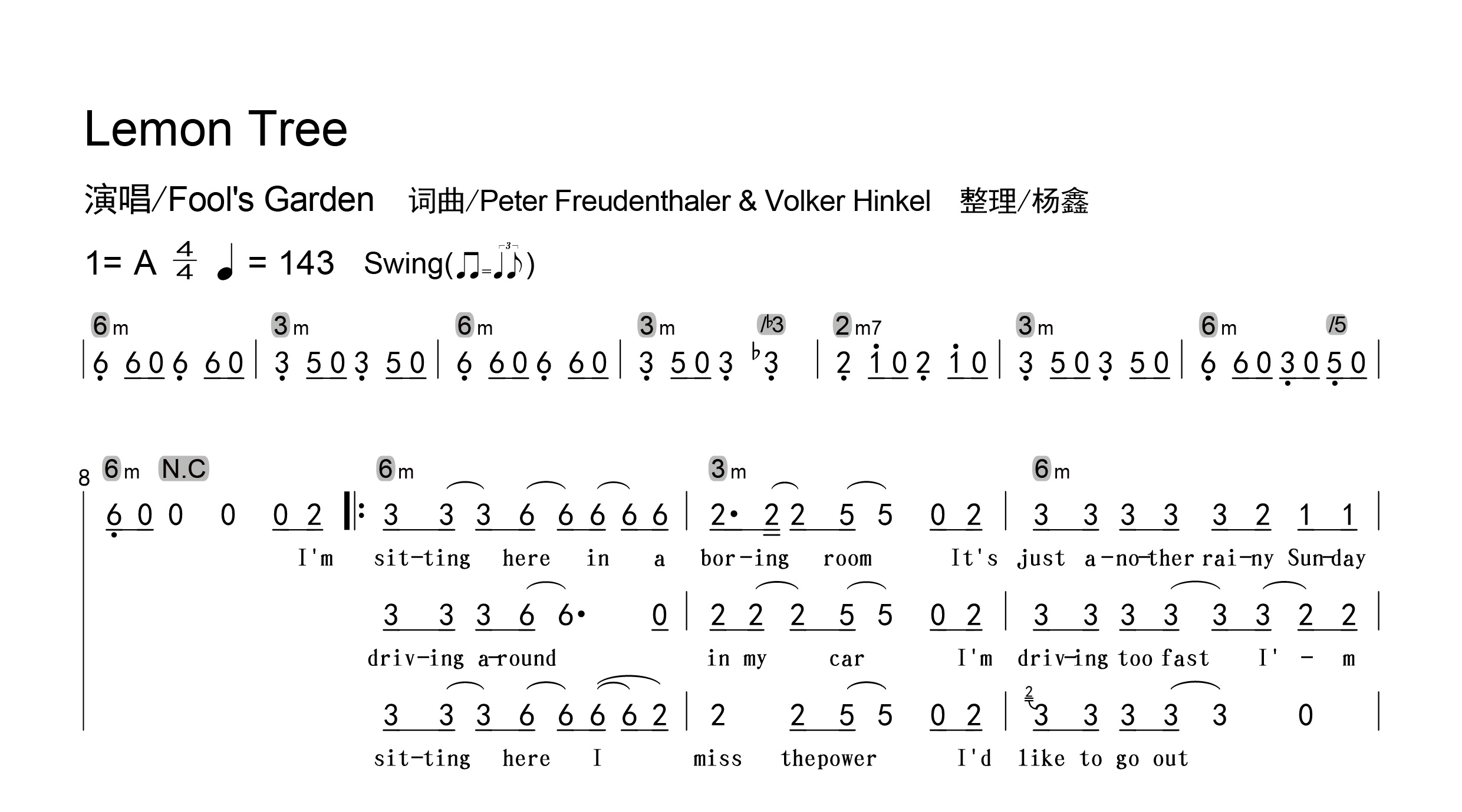 Lemon Tree吉他谱-Fool's Garden-级数和弦谱