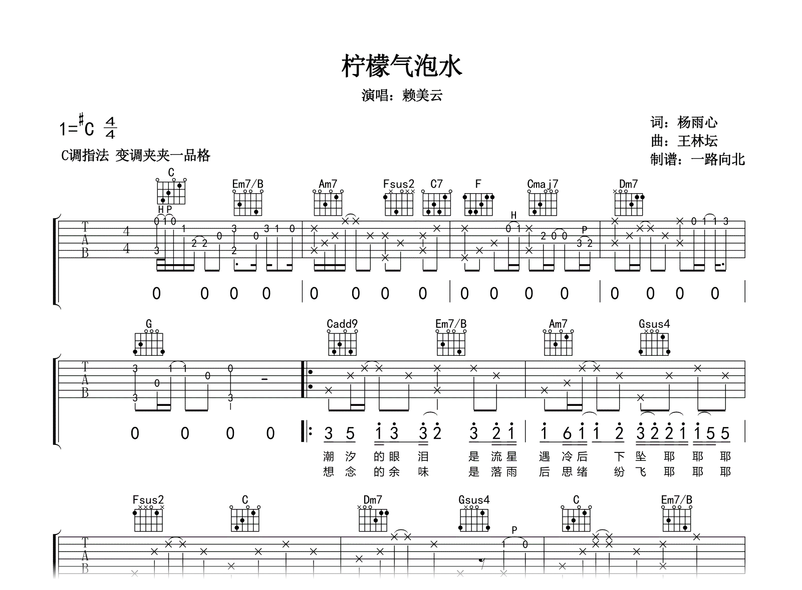 柠檬气泡水吉他谱-赖美云-C调弹唱谱