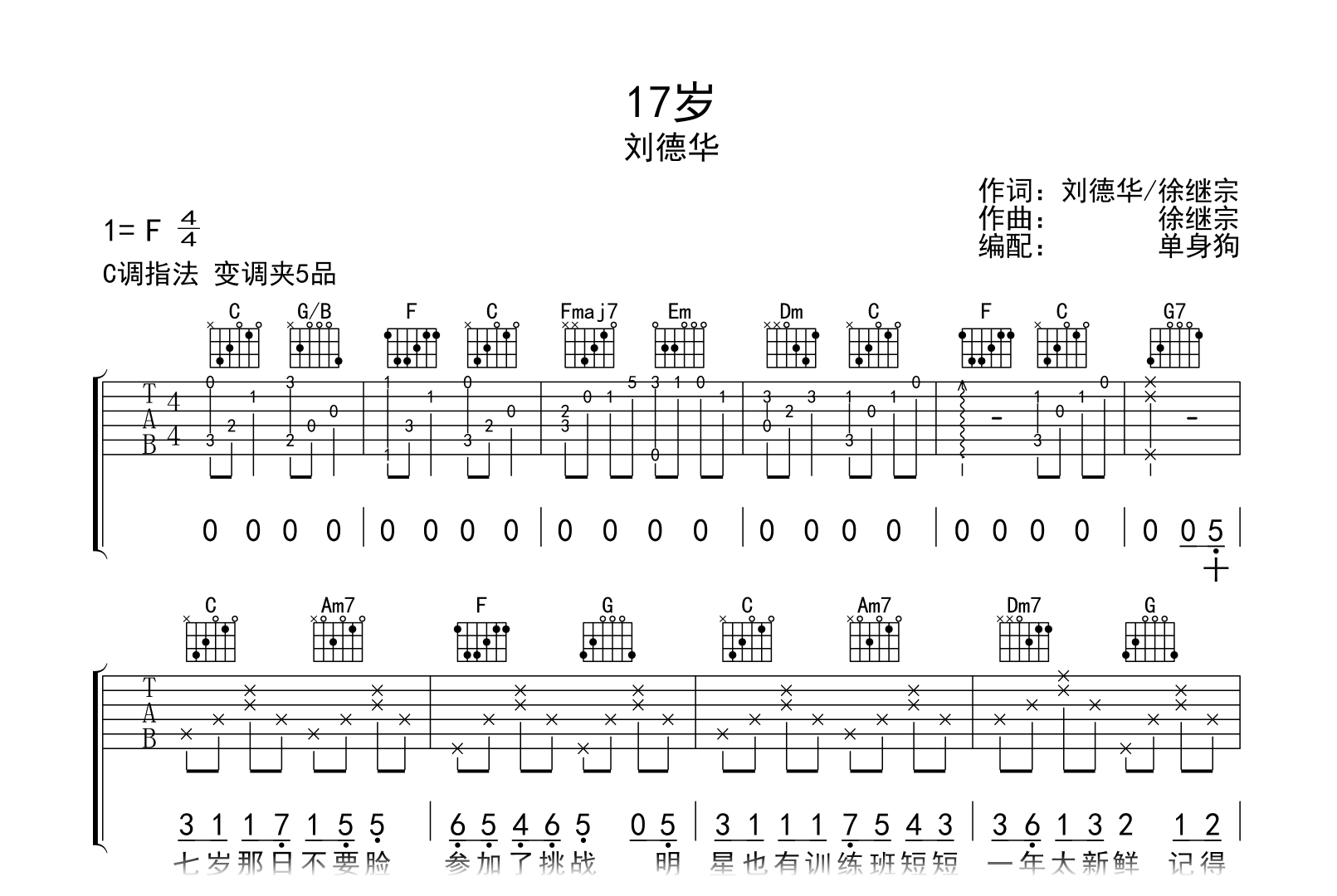 17岁吉他谱-刘德华-C调弹唱六线谱