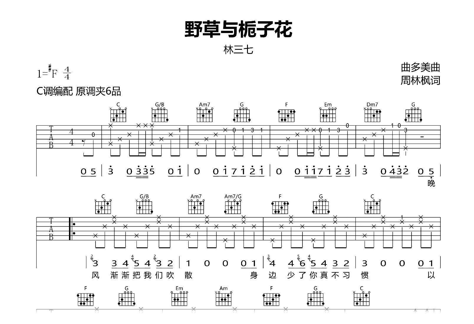 野草与栀子花吉他谱-林三七-C调弹唱六线谱