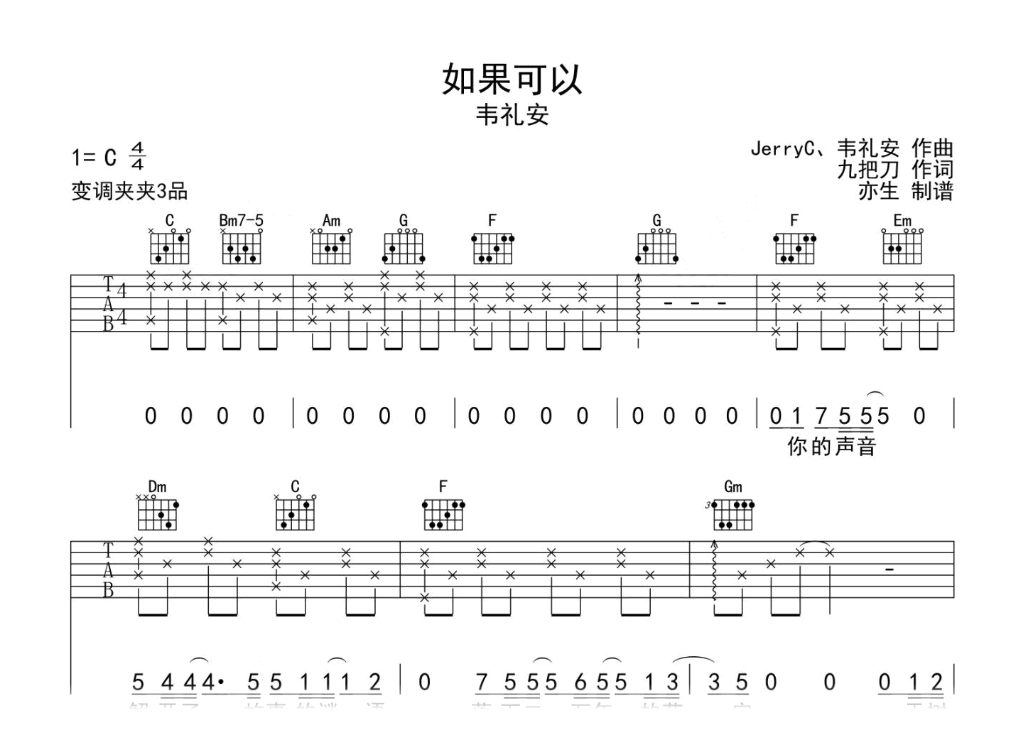 如果可以吉他谱-韦礼安-C调指法