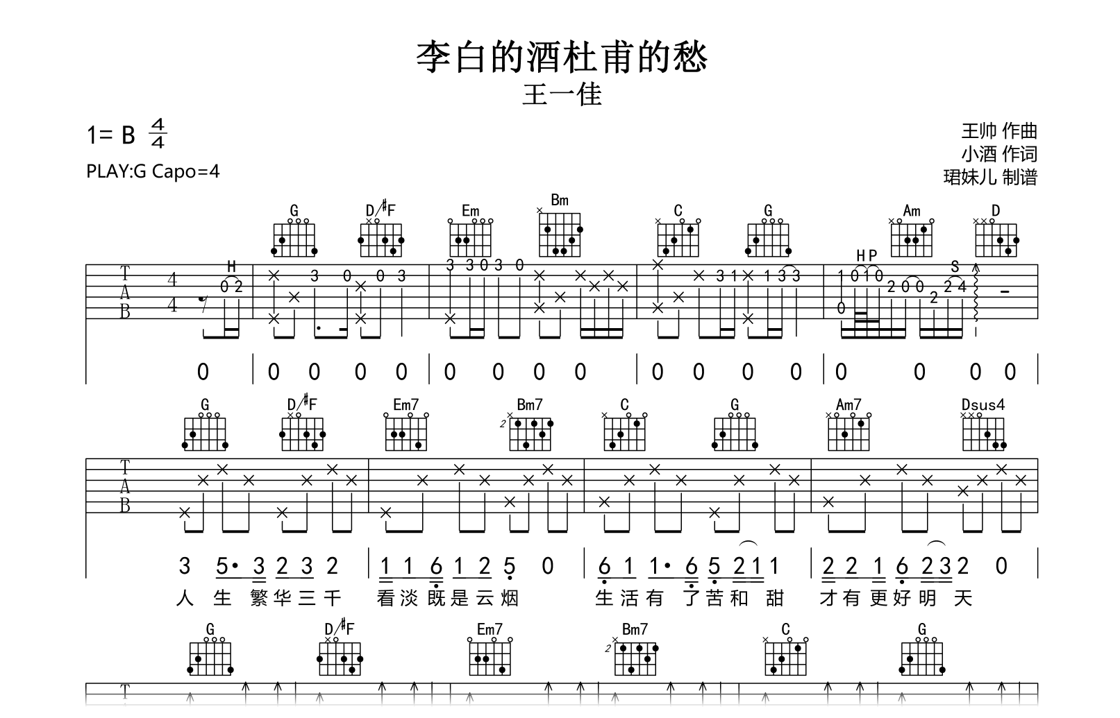 李白的酒杜甫的愁吉他谱-王一佳-弹唱六线谱