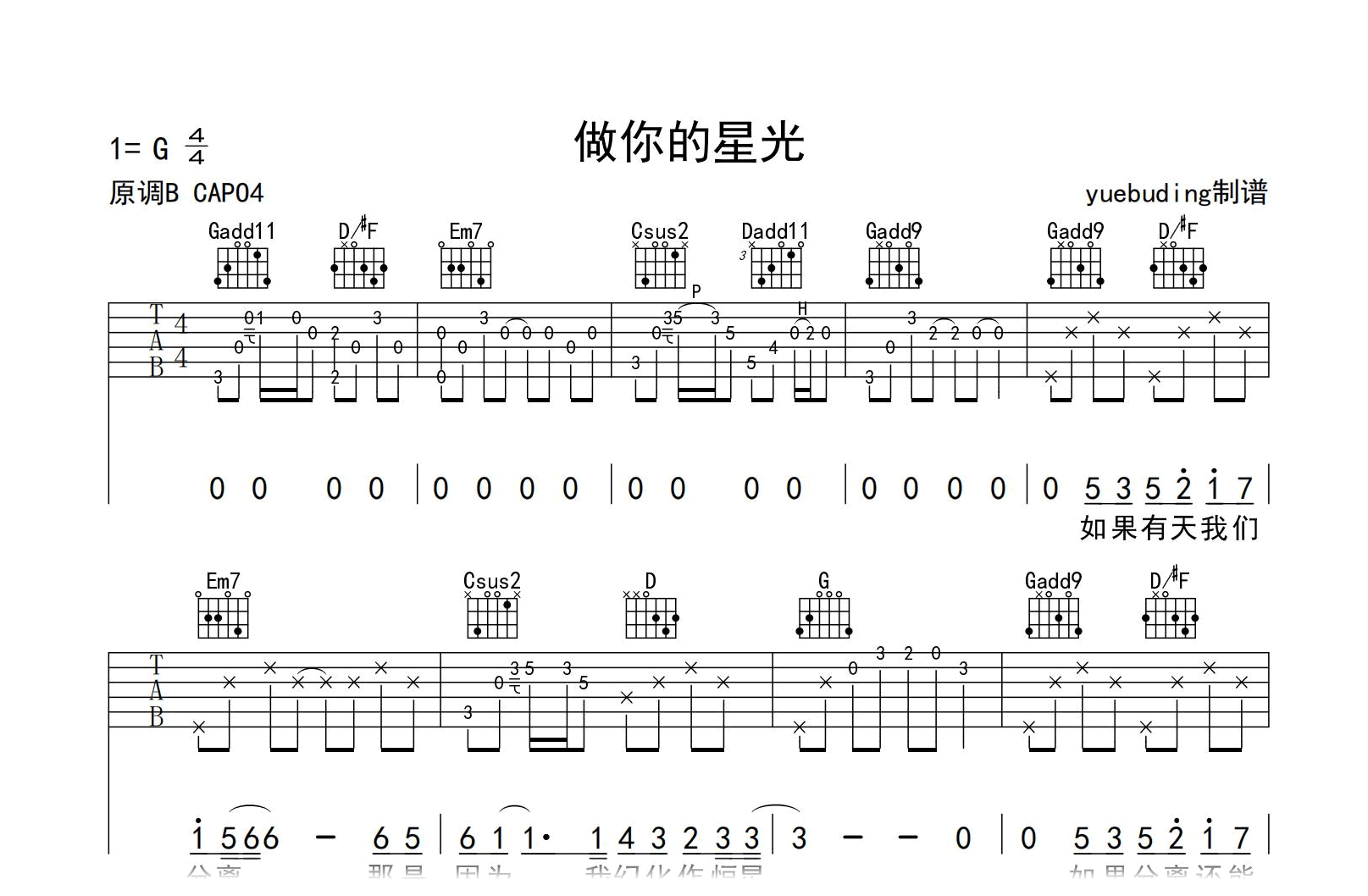 做你的星光吉他谱-苏醒-G调指法-吉他帮