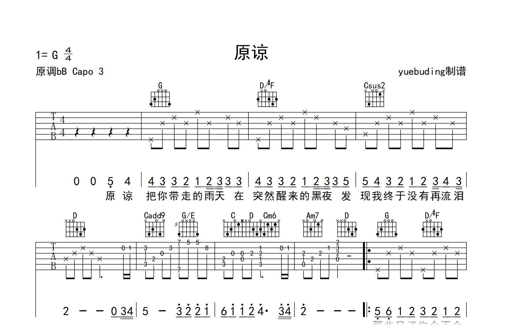 原谅吉他谱-赵天华/王贰浪-G调指法-吉他帮