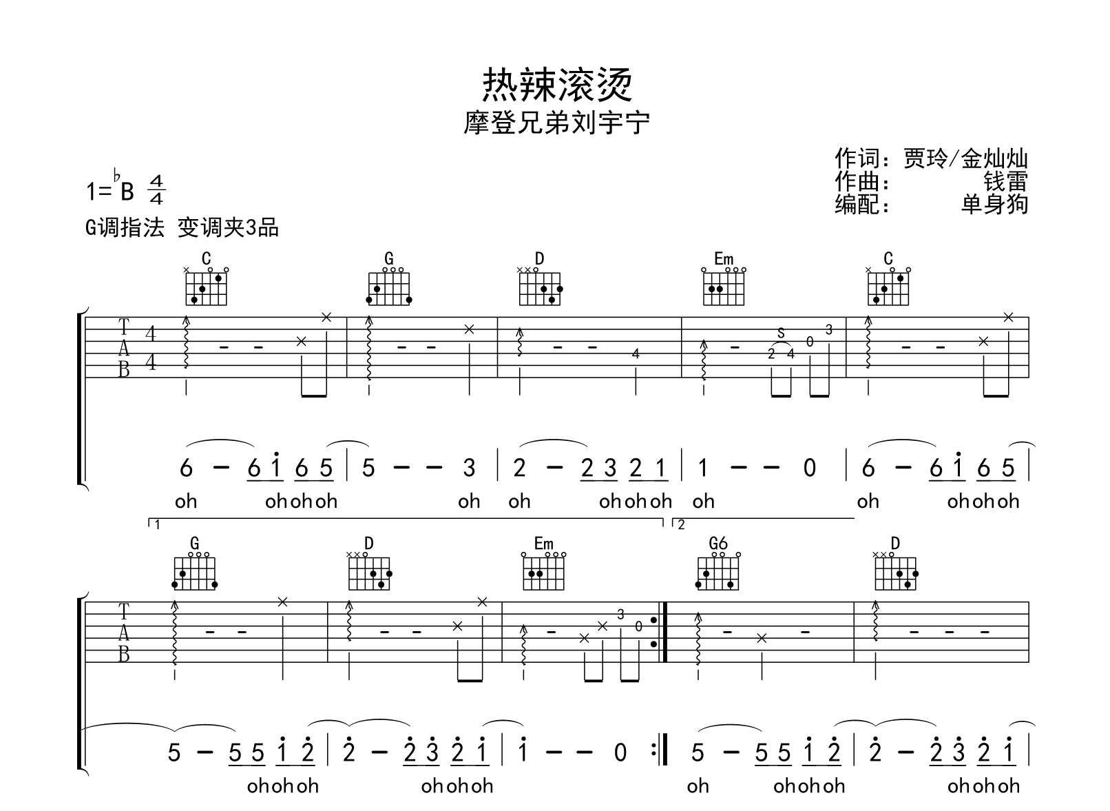 热辣滚烫吉他谱-刘宇宁