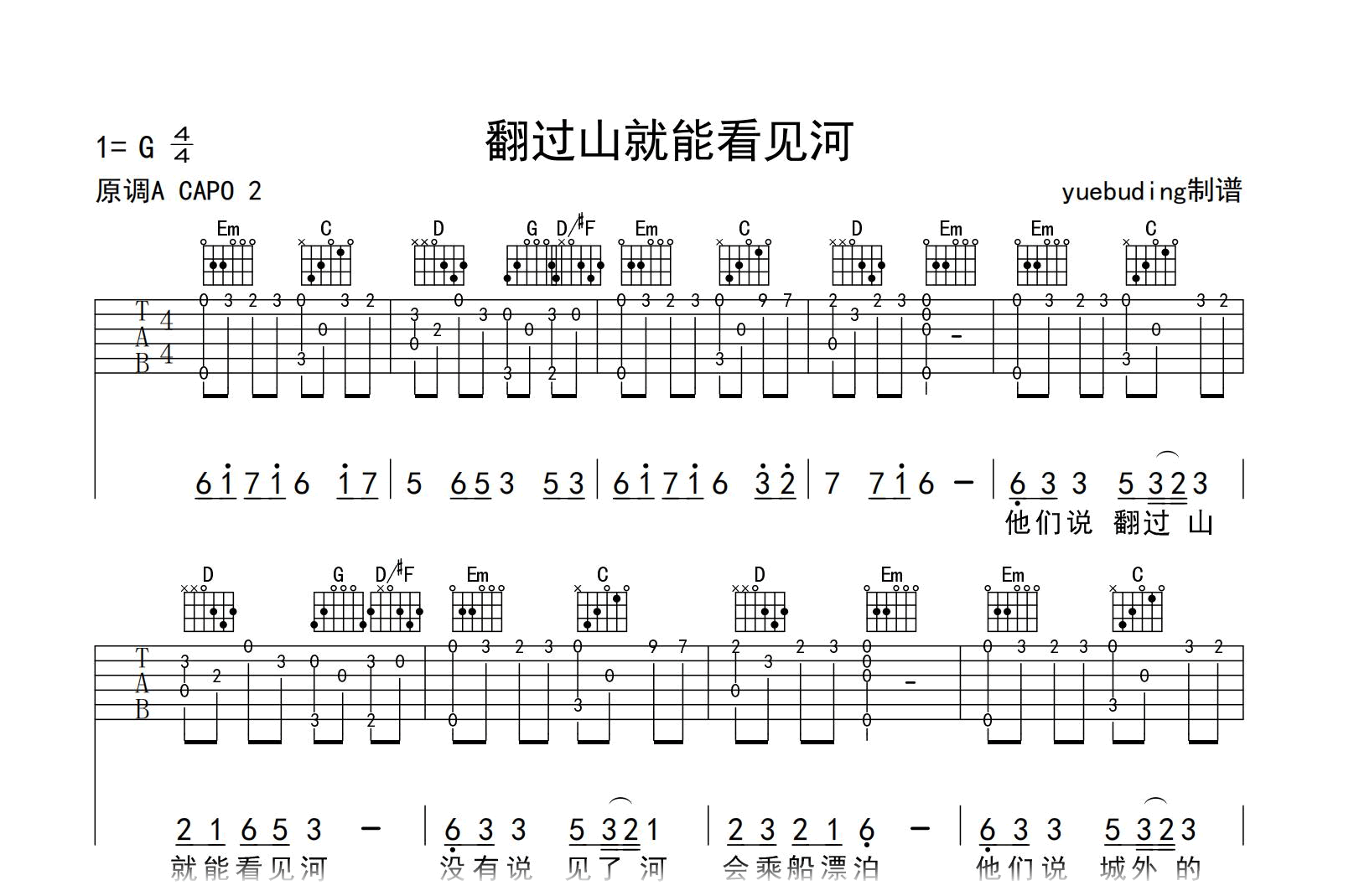 翻过山就能看见河吉他谱-袁小葳-G调指法-吉他帮