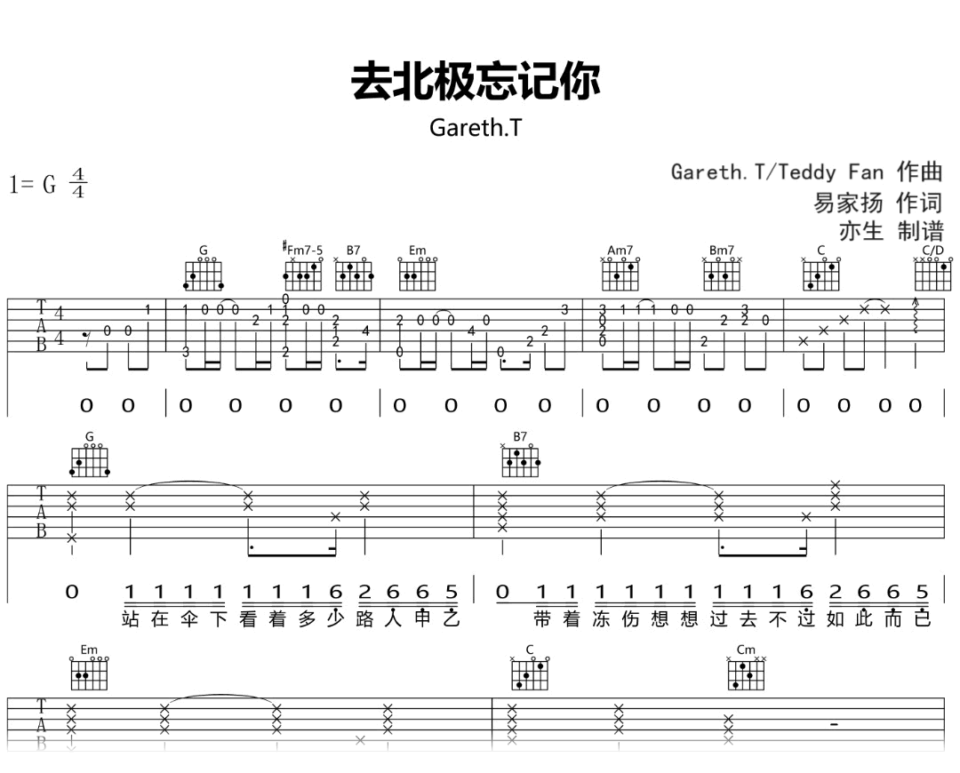 去北极忘记你吉他谱-Gareth.T-弹唱六线谱