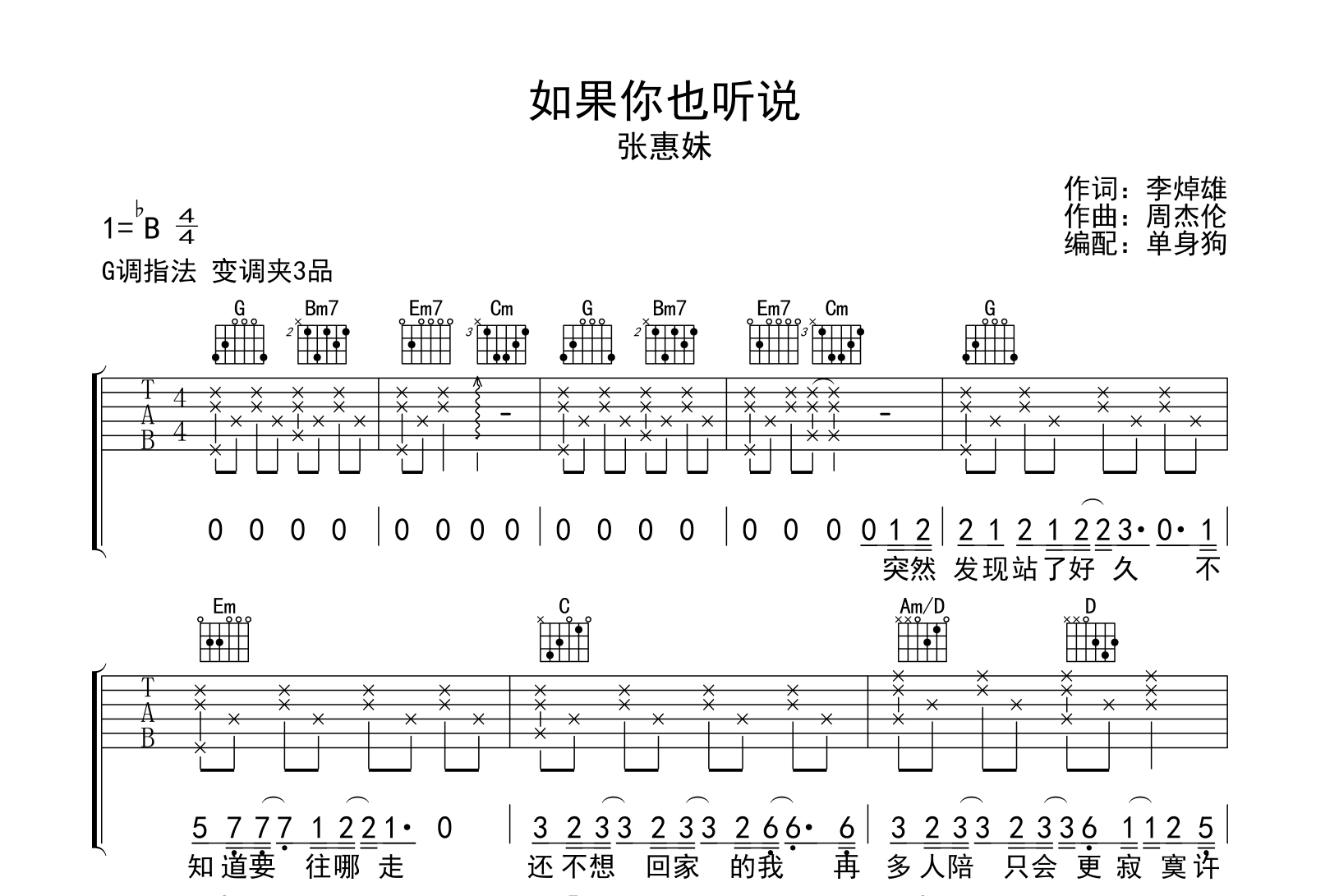 如果你也听说吉他谱-张惠妹-弹唱六线谱