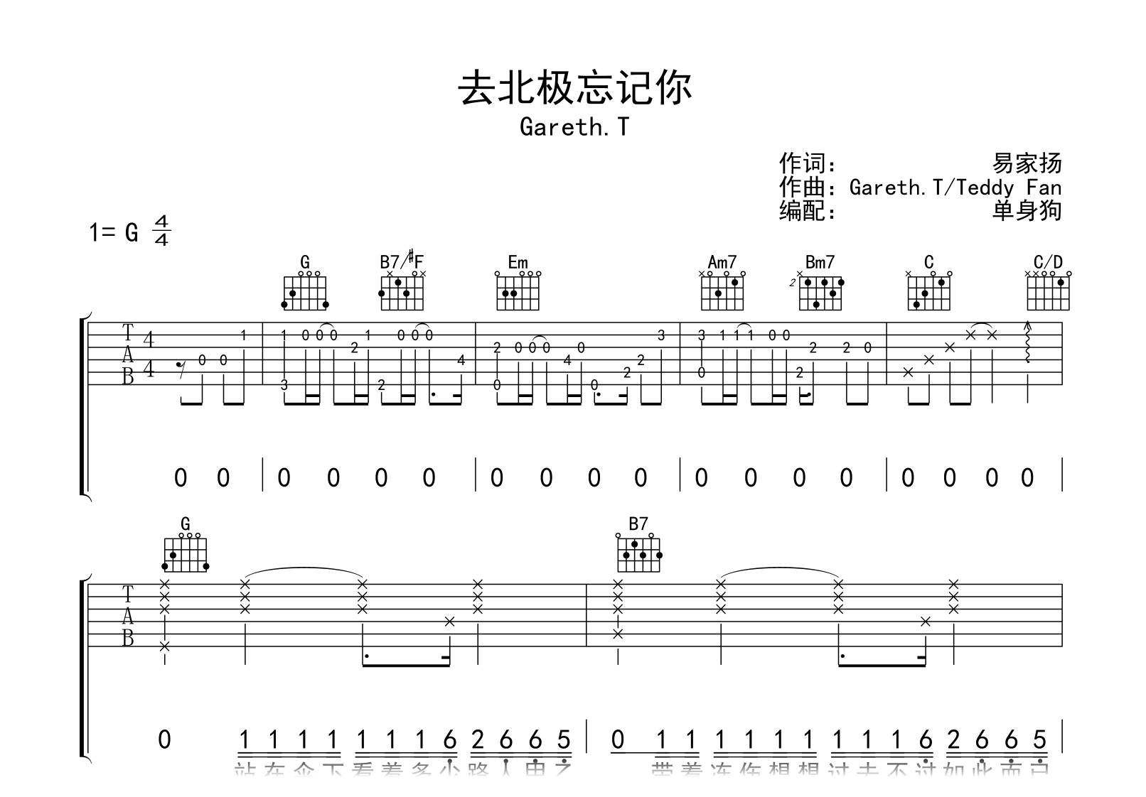 去北极忘记你吉他谱-Gareth.T-G调-吉他帮