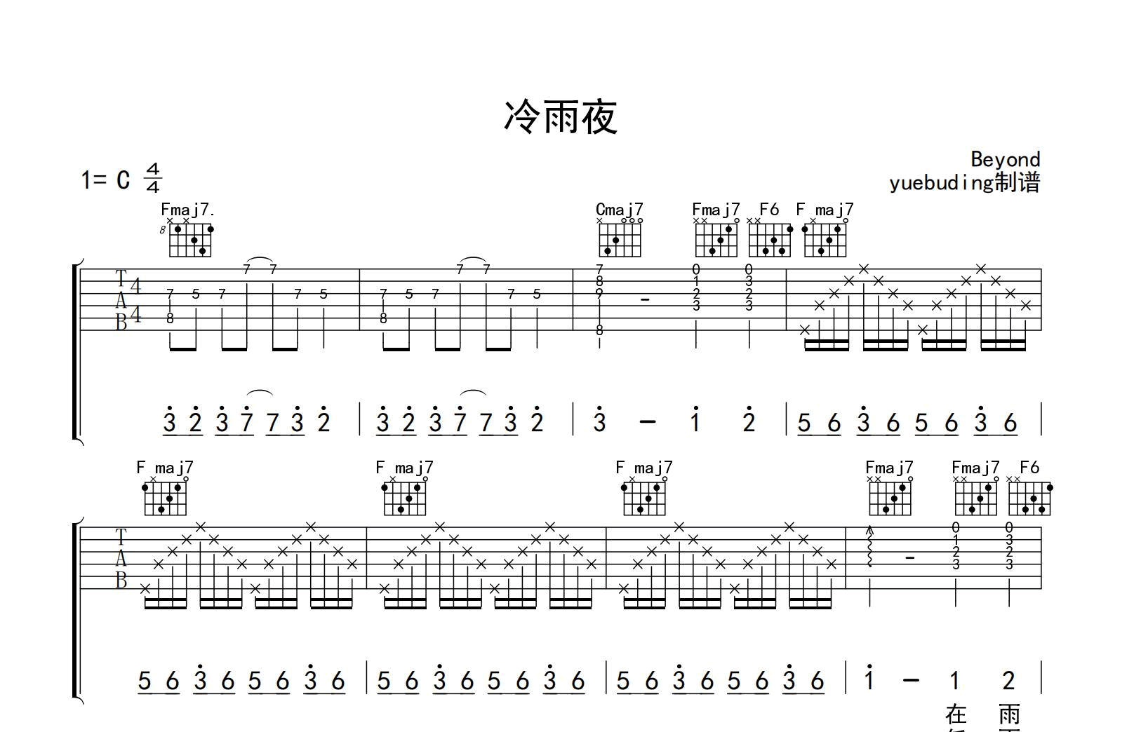 冷雨夜吉他谱_Beyond_C调精编版_吉他帮