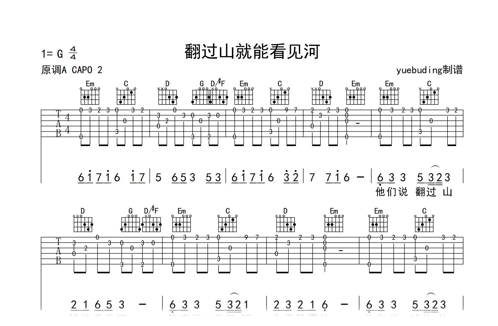 翻过山就能看见河吉他谱-袁小葳-G调弹唱谱-吉他帮