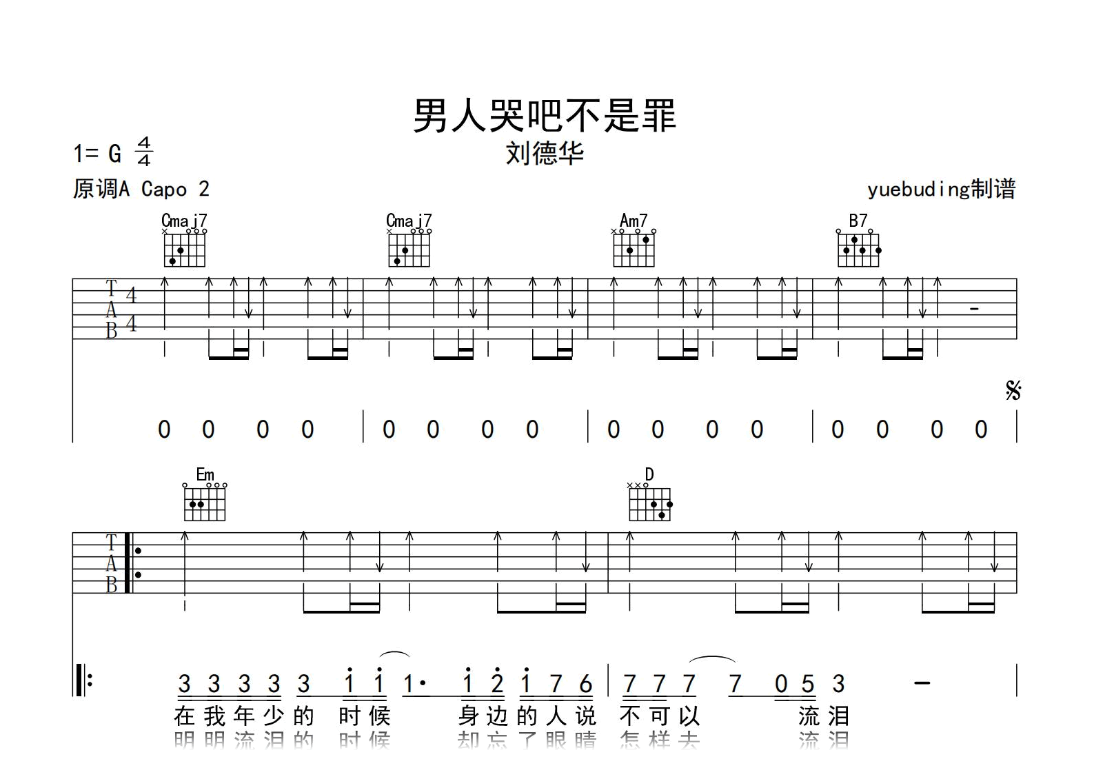 男人哭吧哭吧不是罪吉他谱-刘德华-G调指法-吉他帮