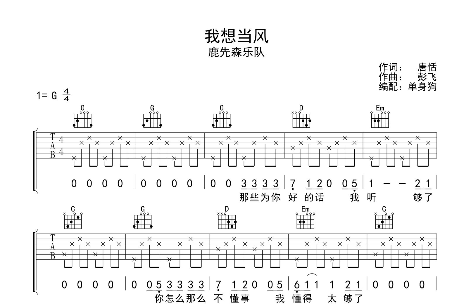 我想当风吉他谱 鹿先森乐队 G调指法-吉他帮