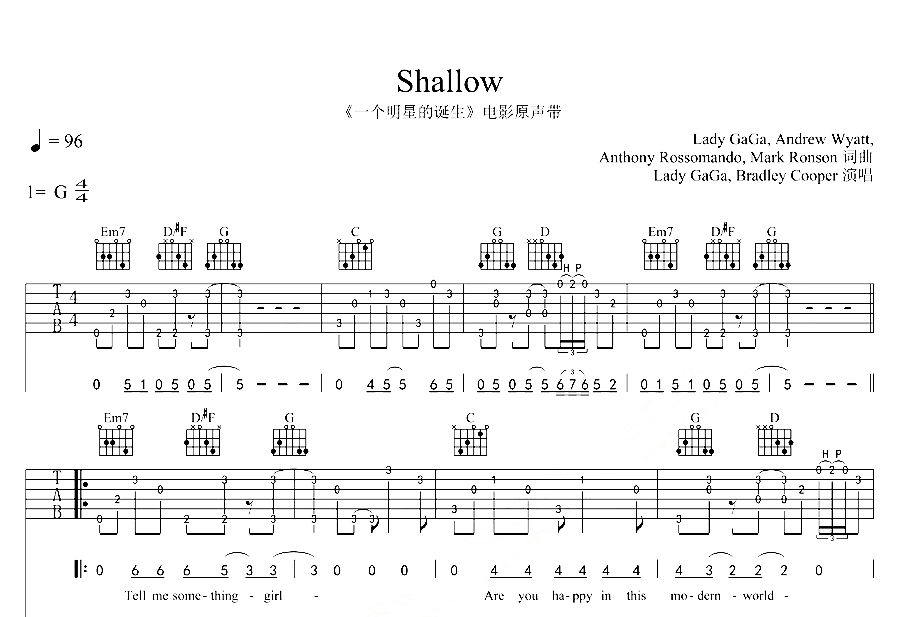 Shallow吉他谱-Lady GaGa/Bradley Cooper-弹唱六线谱