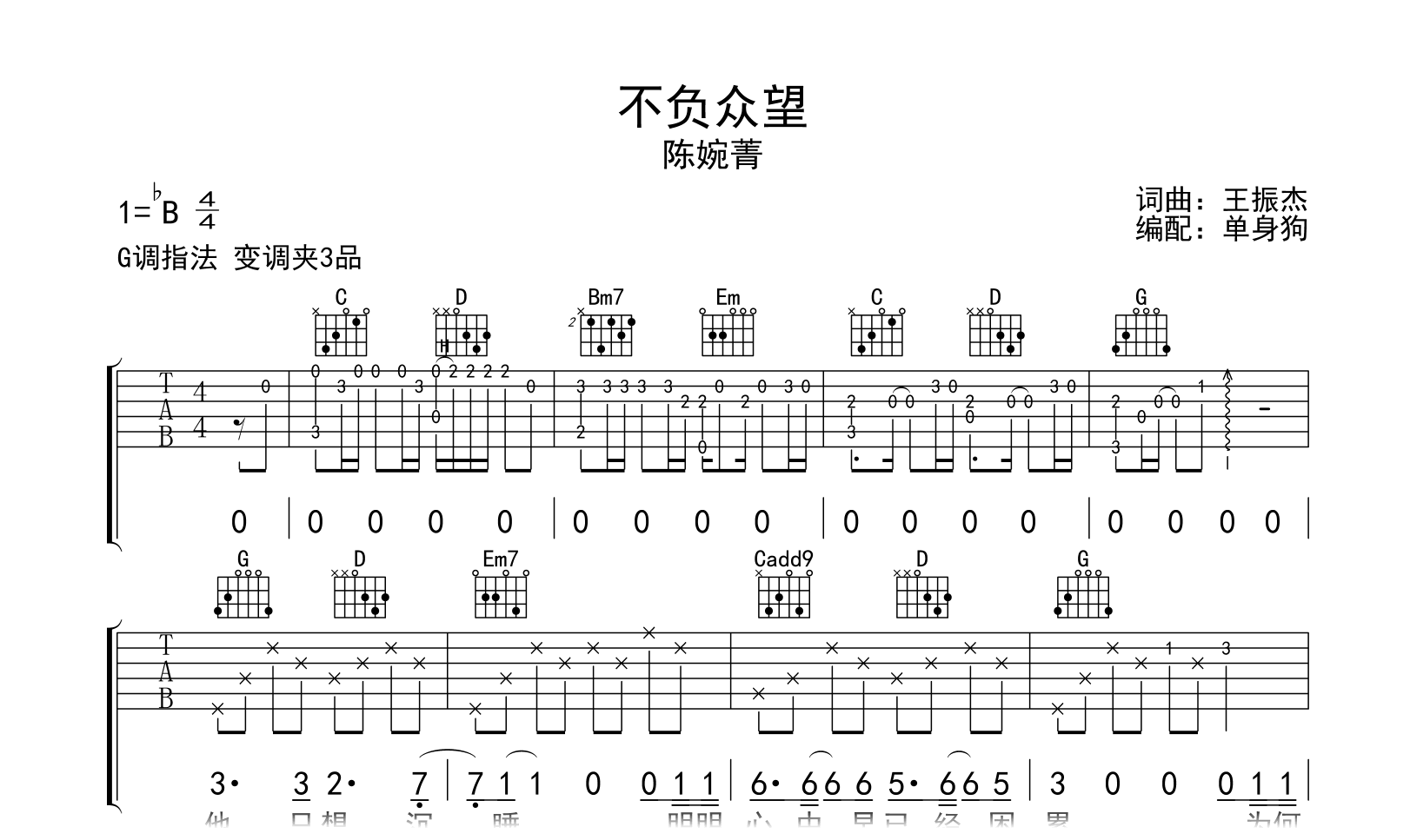 不负众望吉他谱-陈婉菁-G调简单版