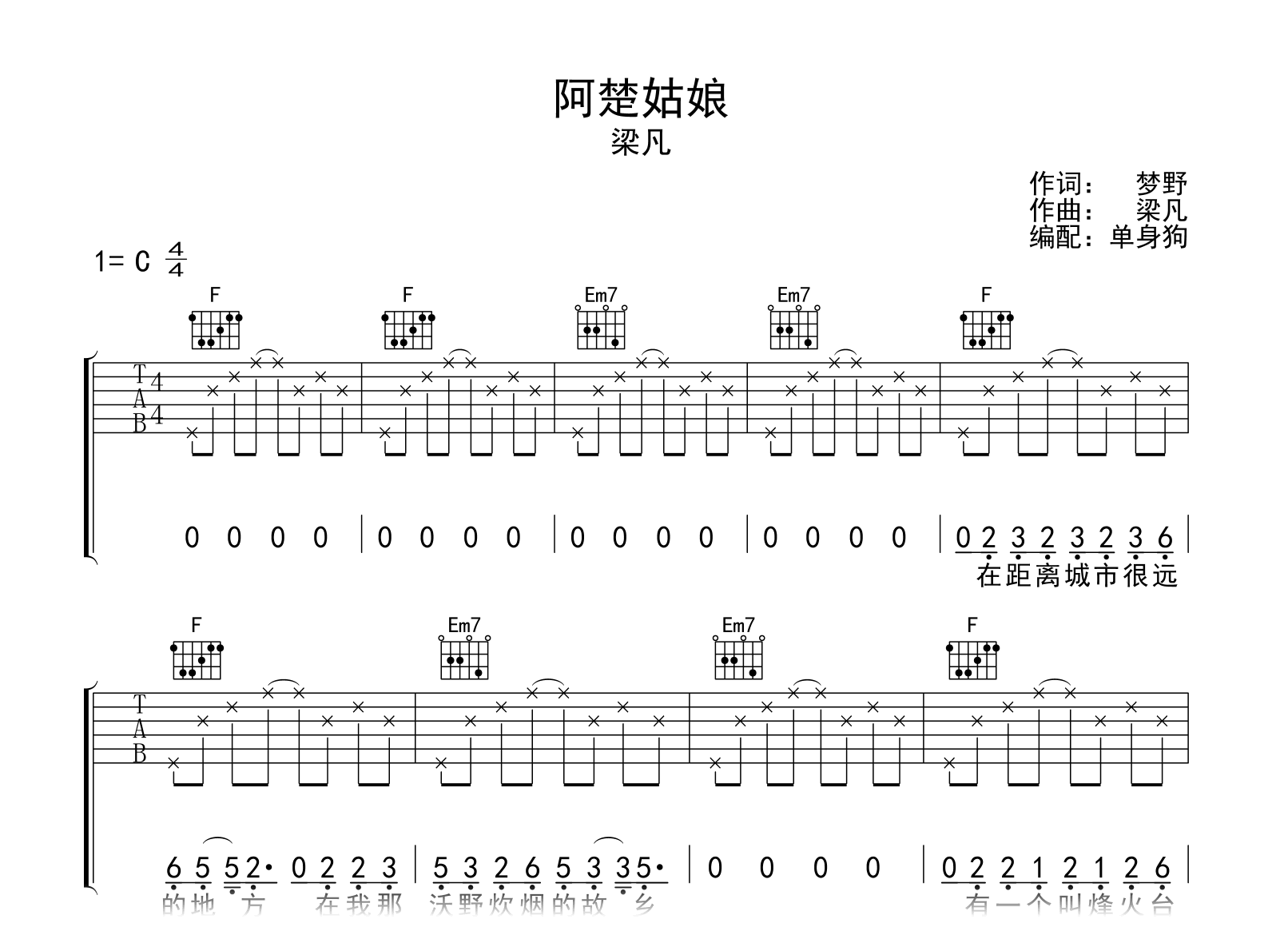 阿楚姑娘吉他谱-梁凡-C调弹唱谱-吉他帮