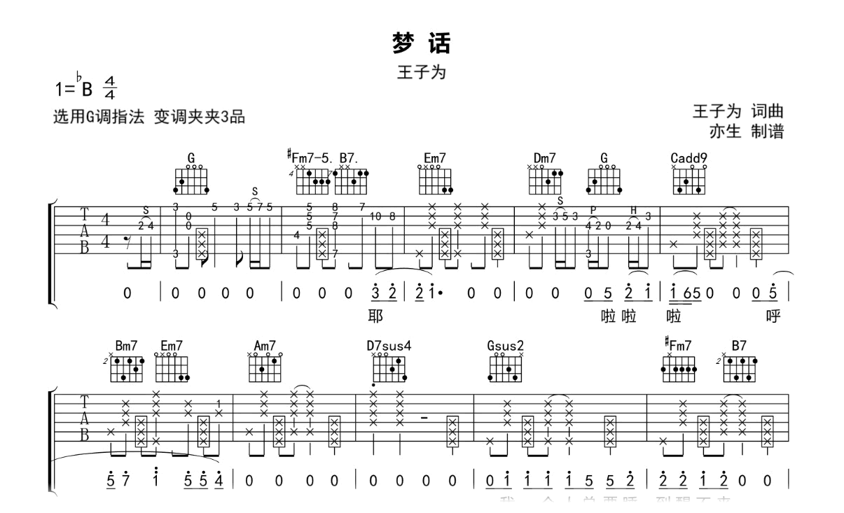 梦话吉他谱-王子为-G调弹唱六线谱-吉他帮