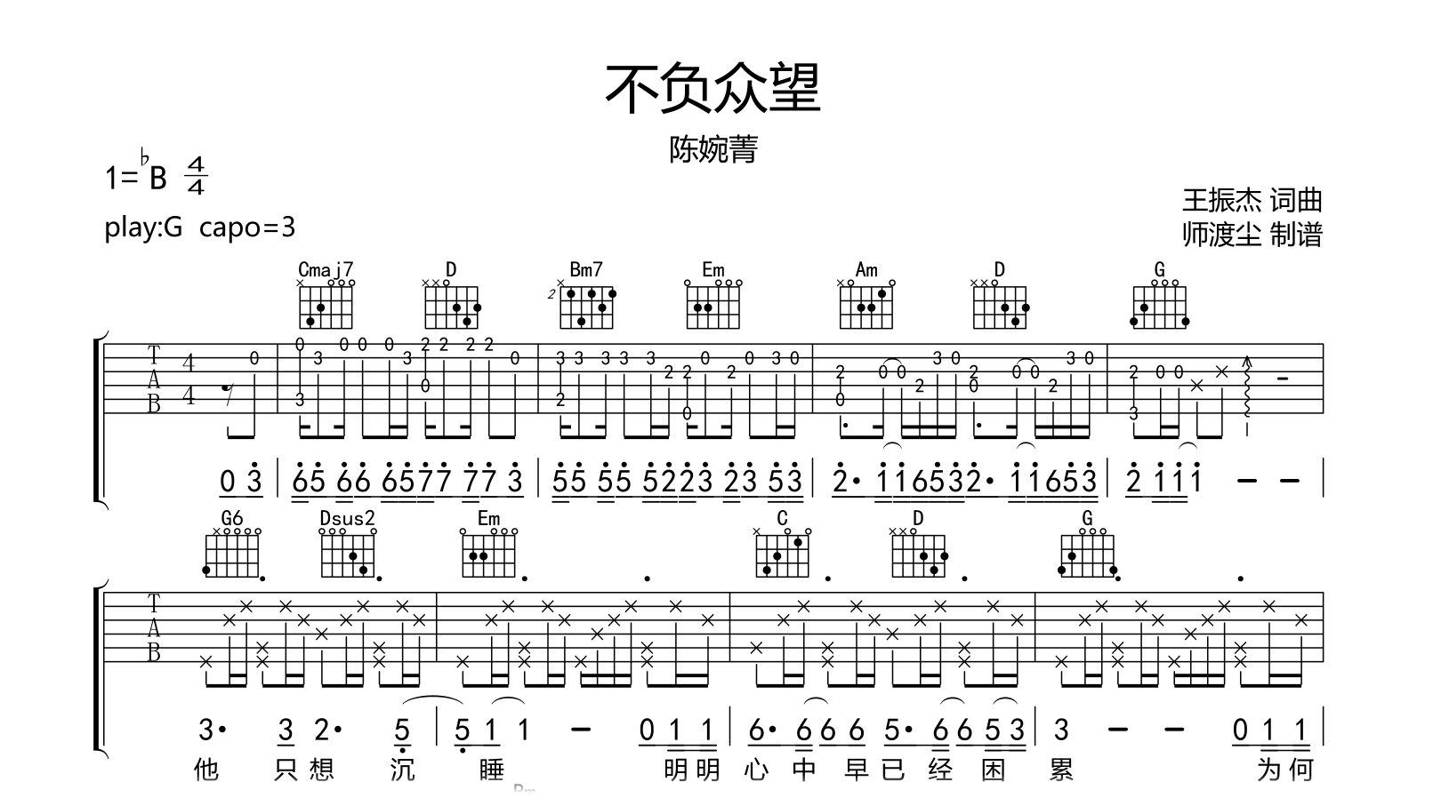 不负众望吉他谱-陈婉菁-弹唱六线谱