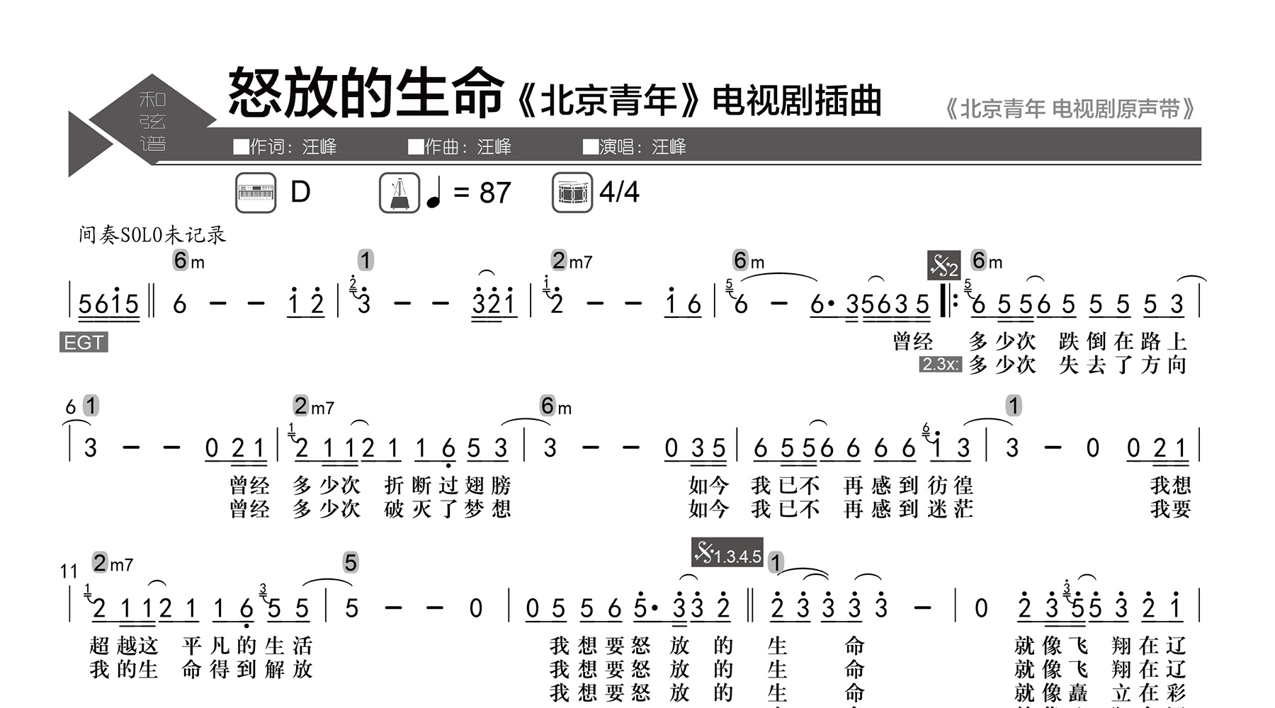 怒放的生命吉他谱-汪峰-数字级数和弦谱-吉他帮