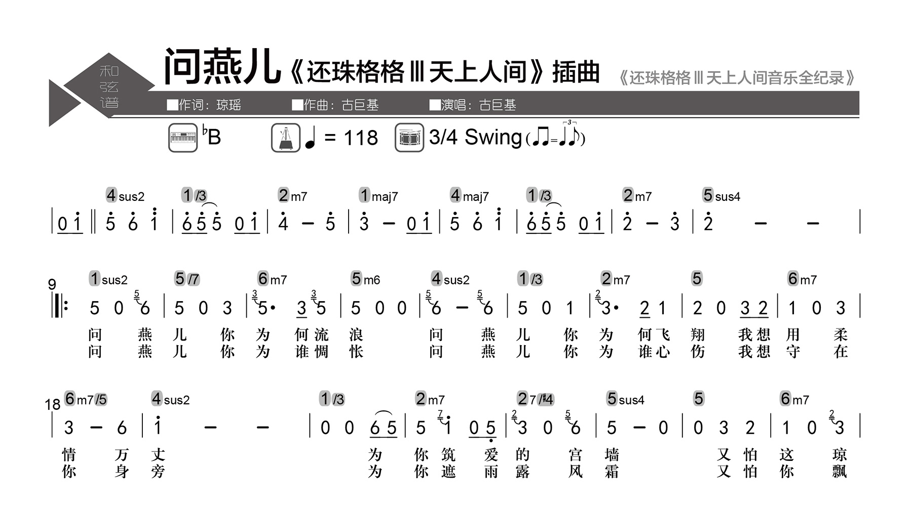 问燕儿吉他谱-古巨基-数字级数和弦谱