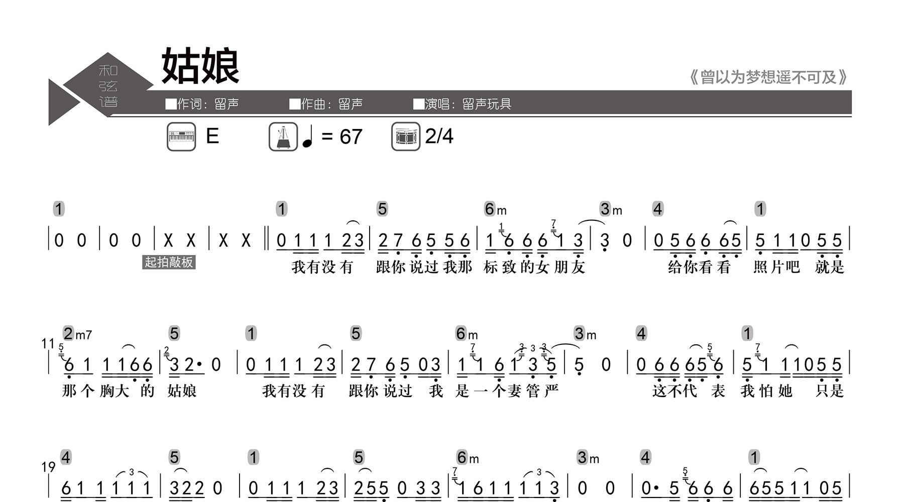 姑娘吉他谱-留声玩具-数字级数和弦谱-吉他帮