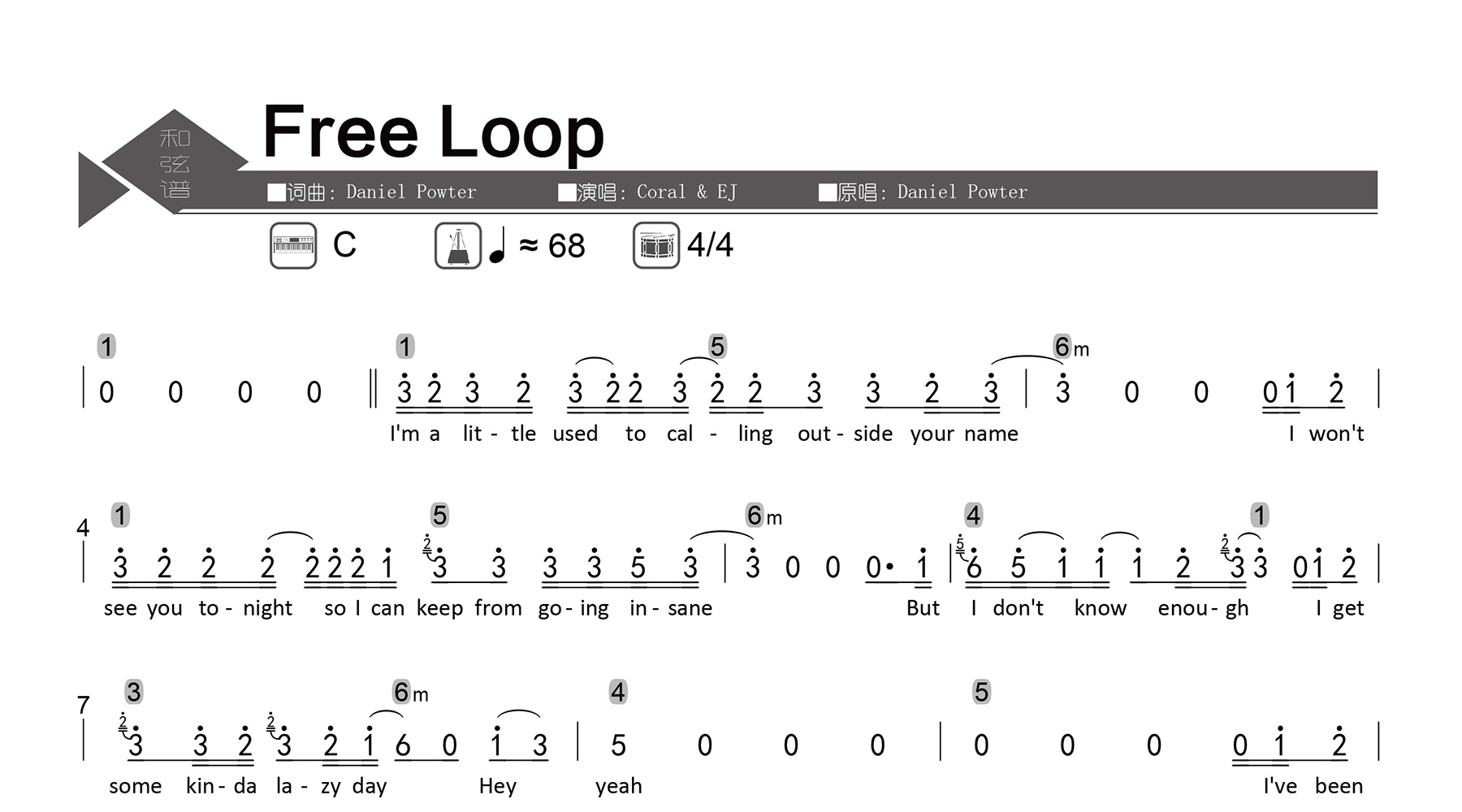 Free Loop吉他谱-Coral & EJ-数字级数和弦谱-吉他帮