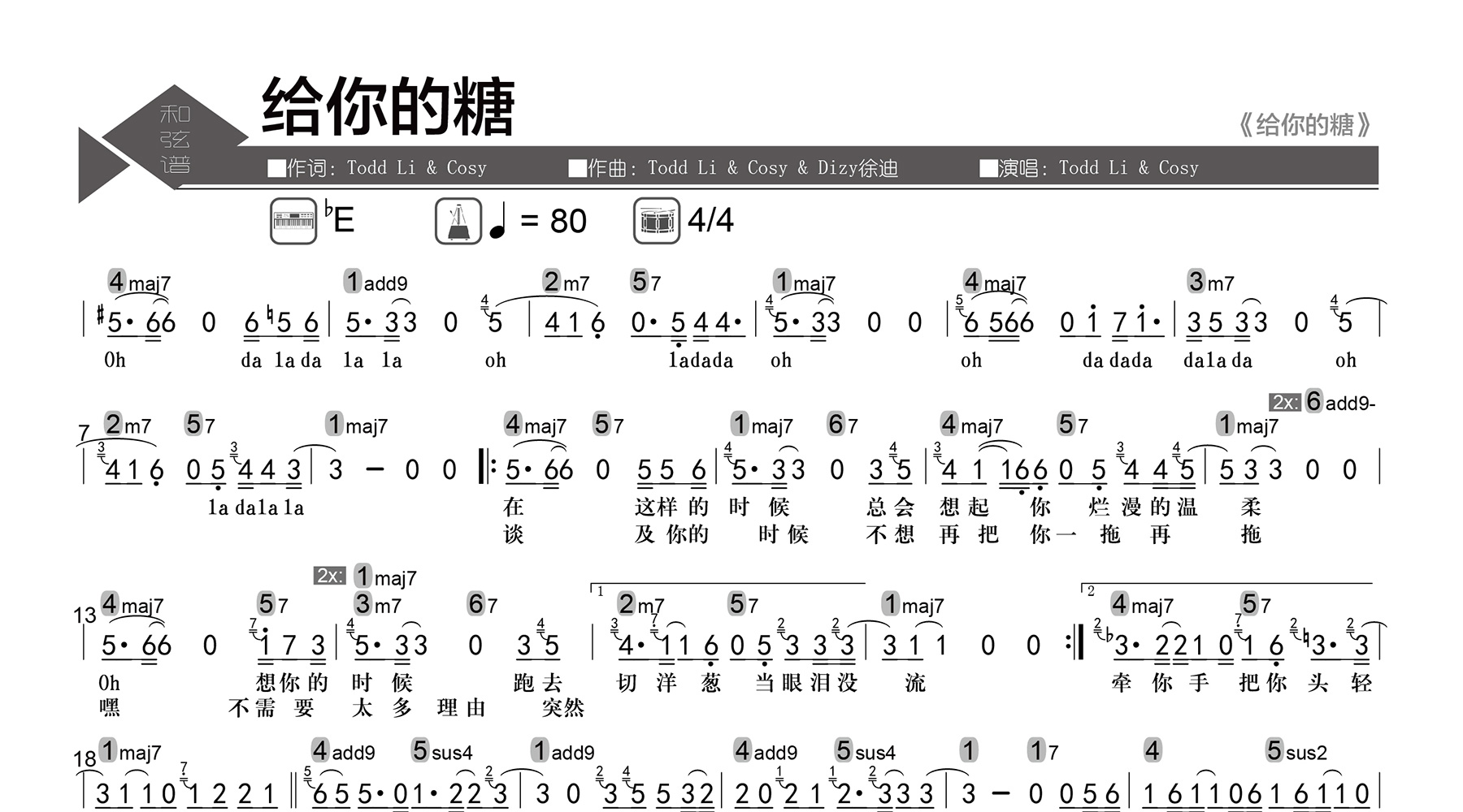 给你的糖吉他谱-Todd Li&Cosy-数字级数和弦谱-吉他帮