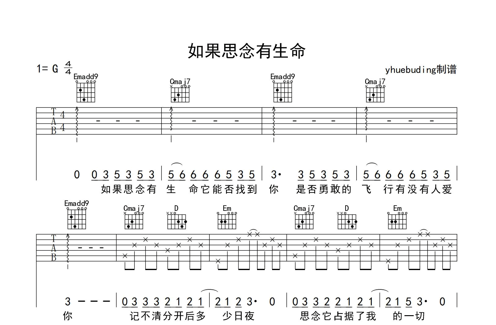 如果思念有生命吉他谱-余火火-精编弹唱六线谱