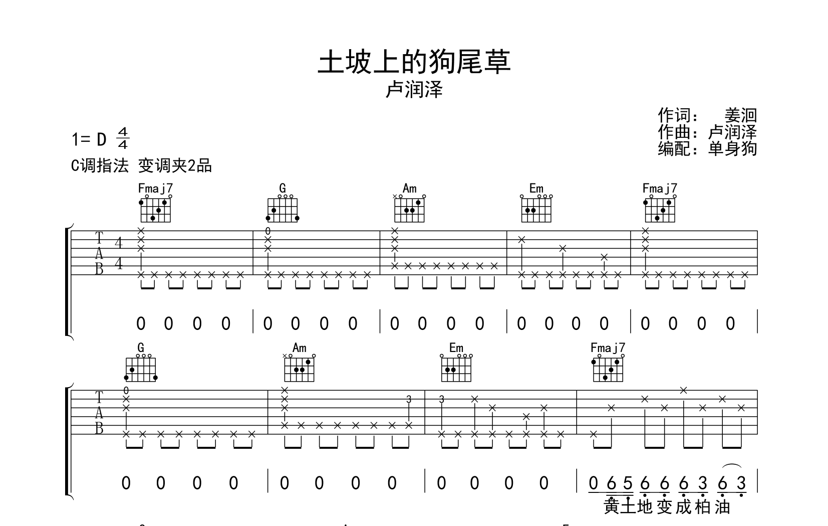 土坡上的狗尾草吉他谱-卢润泽-C调弹唱谱-吉他帮