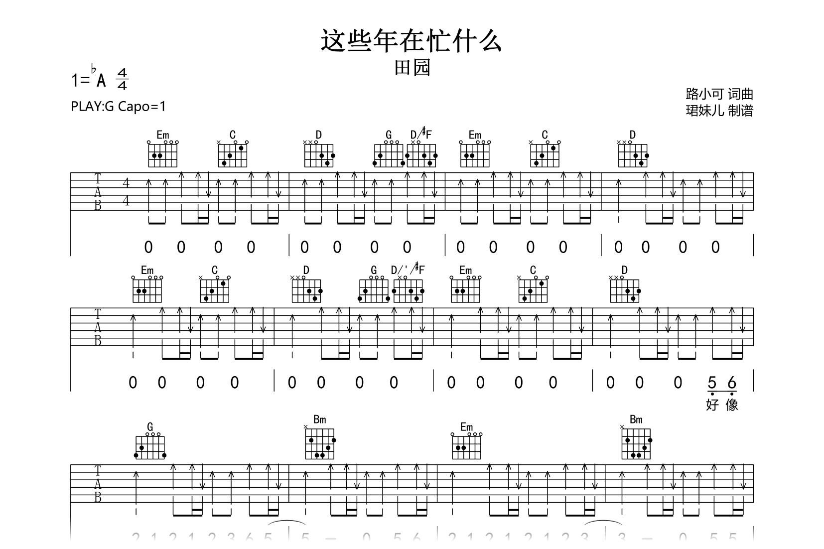 这些年在忙什么吉他谱-田园-G调弹唱谱-吉他帮